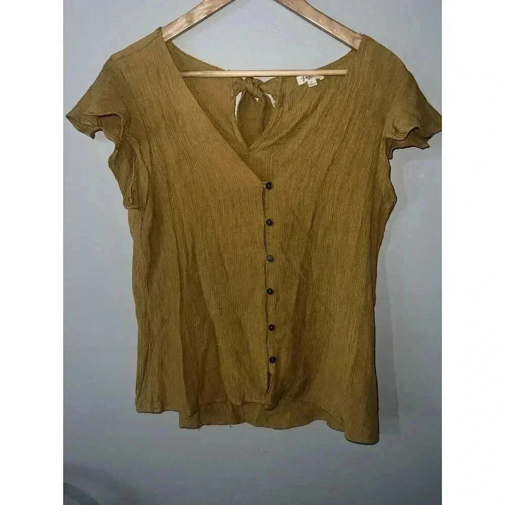Lily White Women's Button Front Blouse V-Neck Cap Sleeve Back Tie Size XL